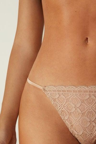 Beige Side Strap Lace G-String, Soft Beige, large image number 0