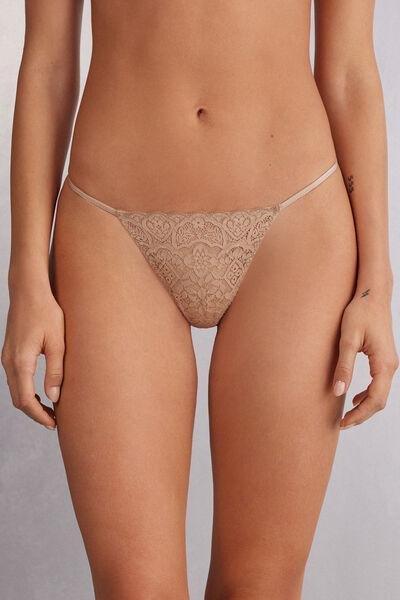 Beige Side Straps Lace Thong, , large image number 0