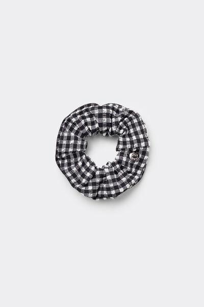 Black Patterned Scrunchie Hair Elastic, 5701_778Y, large image number 0