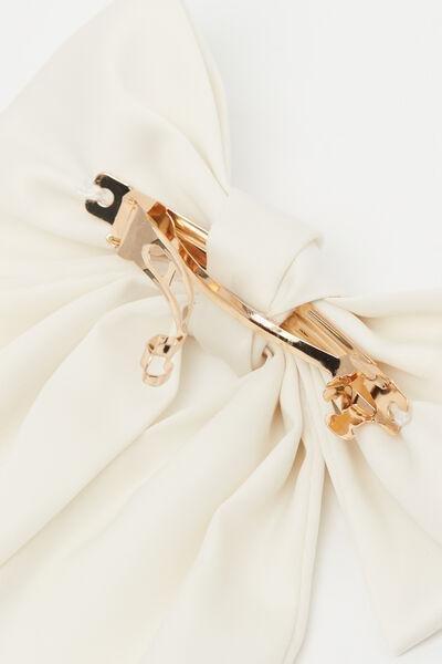 White Bow-Shaped Satin Hair Clip, Milk White, large image number 1