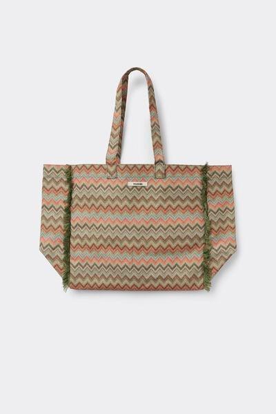 Beige Chevron Print Waterproof Canvas Beach Bag, 5701_298Z, large image number 0