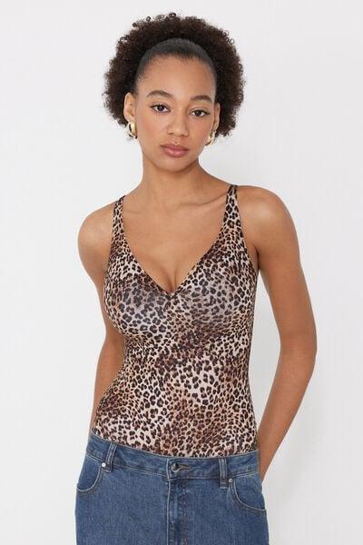 Brown Animal Print Natural Lifting Laser-Cut Bodysuit, 5701_216Z, medium