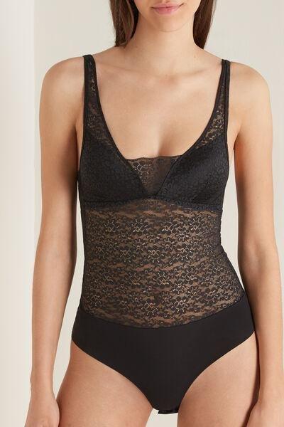 Black Recycled Lace Padded Triangle Bodysuit, , large image number 0