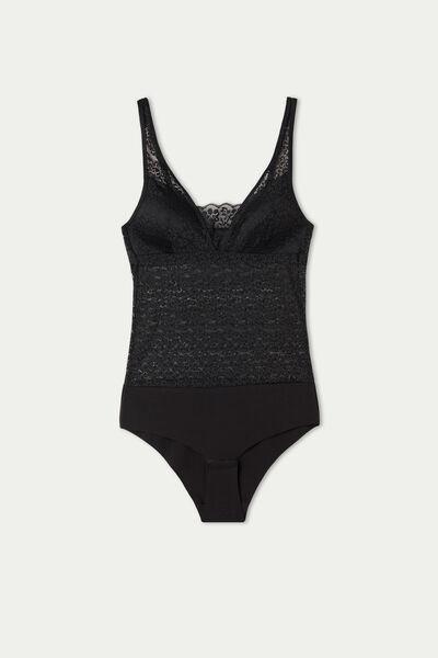 Black Recycled Lace Padded Triangle Bodysuit, , large image number 4