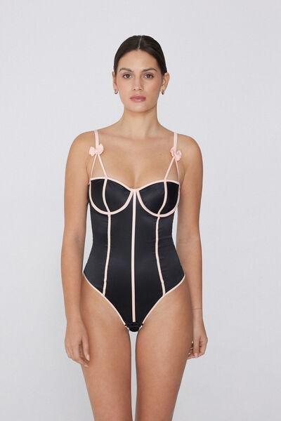 Black Fancy Ribbon Balconette Bodysuit, 5701_950V, large image number 0