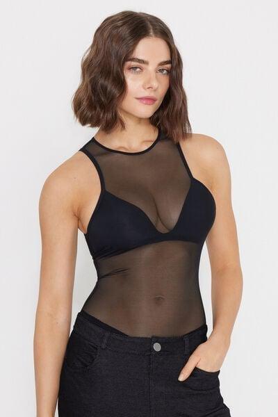 Black Essential Tulle Lightly Padded Bra Bodysuit, Black, large image number 1