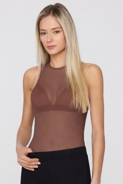 Brown Essential Tulle Lightly Padded Bra Bodysuit, 5701_304Y, large image number 1