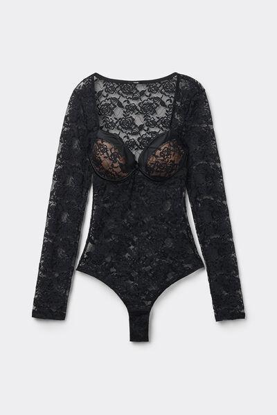 Black Long Sleeve Push-Up Bodysuit, Black, large image number 0