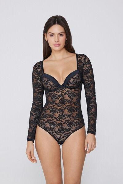 Black Long Sleeve Push-Up Bodysuit, Black, large image number 2