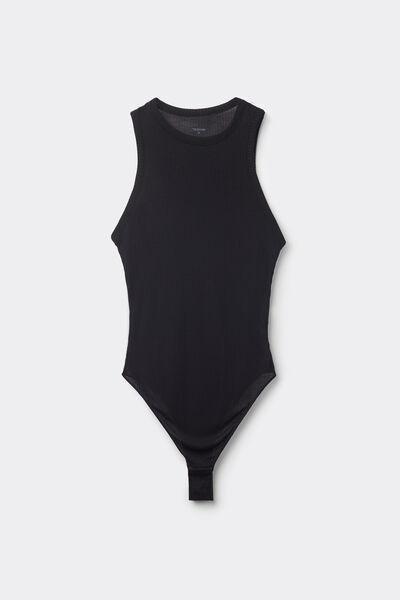 Black Ribbed Halter Neck Bodysuit, Black, large image number 3