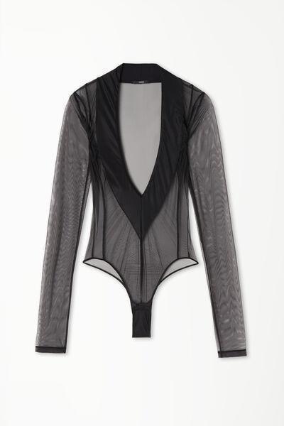 Black Long Sleeve Tulle Bodysuit With Deep Neck, , large image number 4