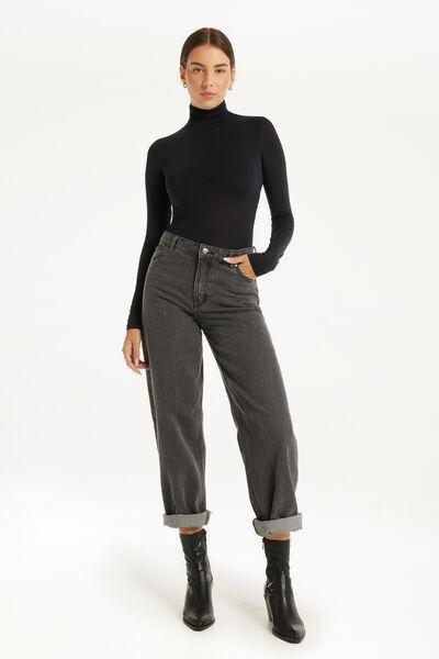 Black Long-Sleeved Polo Neck Microfibre Bodysuit, , large image number 1