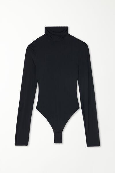 Black Long-Sleeved Polo Neck Microfibre Bodysuit, , large image number 4