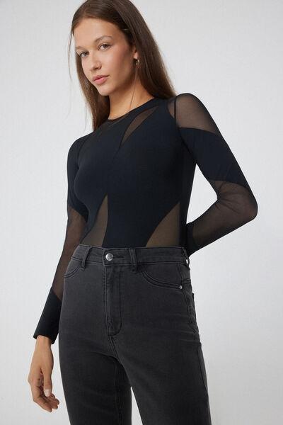 Black Long-Sleeved Microfiber Bodysuit, Black, large image number 3