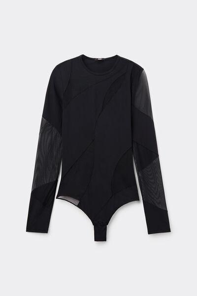 Black Long-Sleeved Microfiber Bodysuit, Black, large image number 4