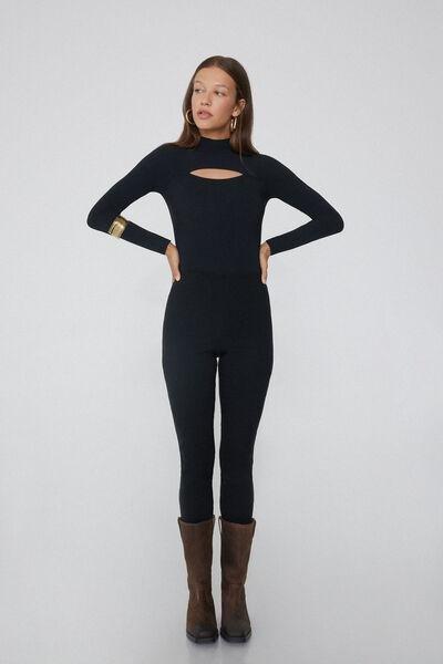 Black Half-Moon Cut-Out Microfiber Bodysuit, Black, large image number 1
