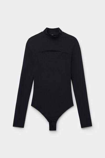 Black Half-Moon Cut-Out Microfiber Bodysuit, Black, large image number 3