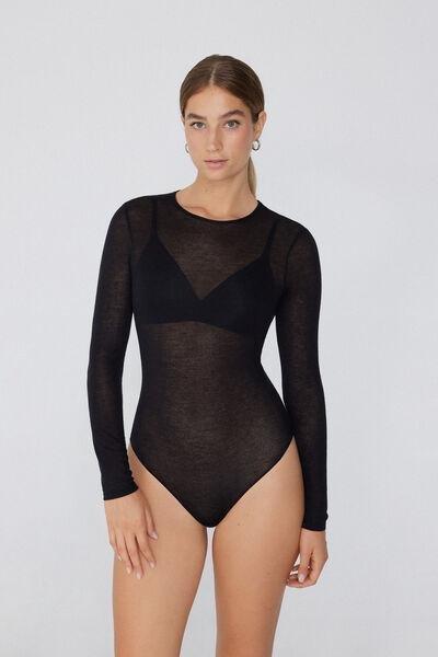 Black Round Neck Bodysuit, , medium