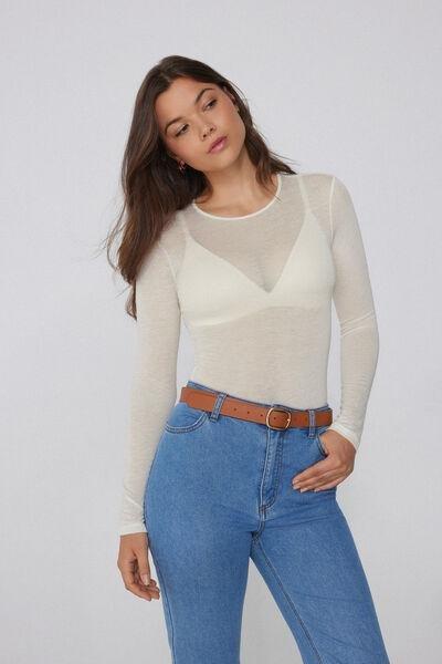 White Rounded-Neck Merino Wool Bodysuit, Milk White, large image number 0