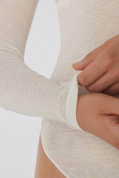 White Rounded-Neck Merino Wool Bodysuit, Milk White, large image number 2