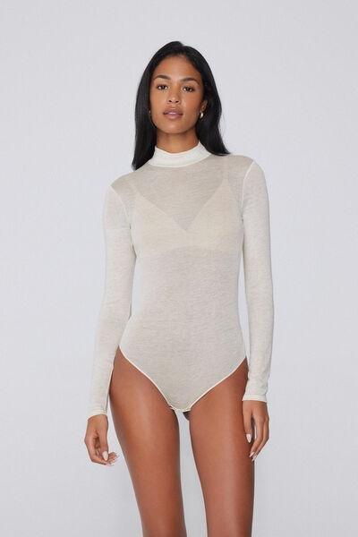 Ivory Long-Sleeved Lame Merino Wool Bodysuit, 5701_935Y, large image number 1