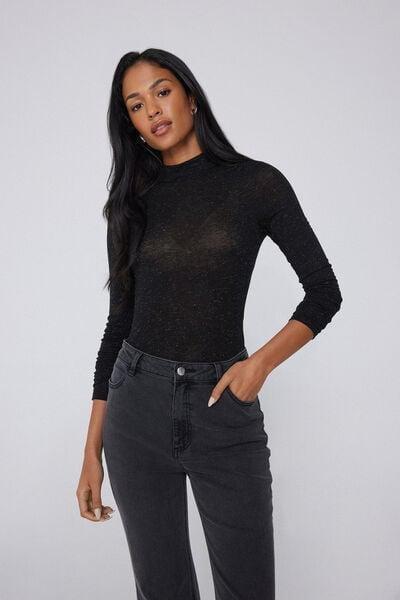 Black / Grey Long-Sleeved Lame Merino Wool And Viscose Bodysuit, 5701_941Y, large image number 1