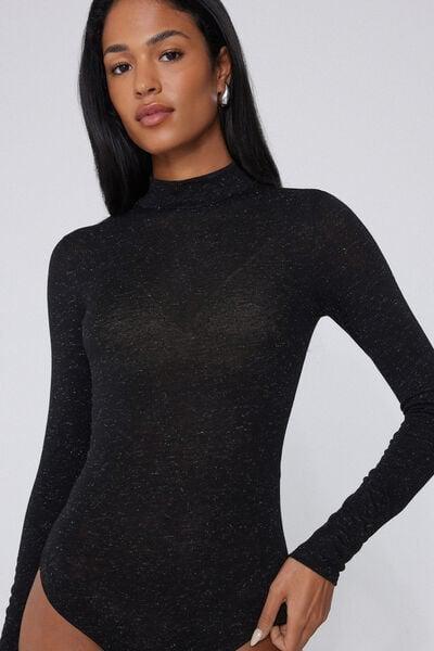 Black / Grey Long-Sleeved Lame Merino Wool And Viscose Bodysuit, 5701_941Y, large image number 3