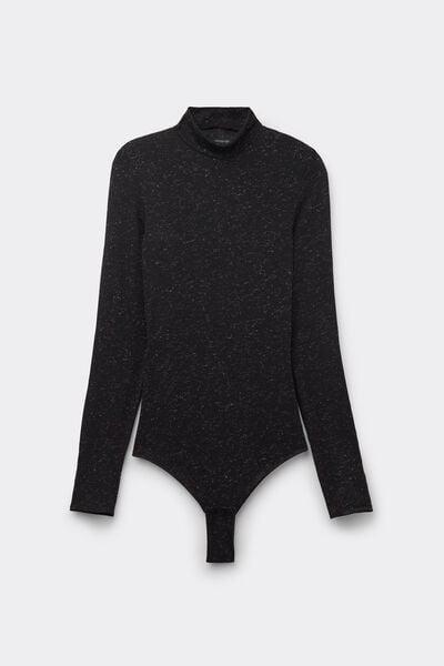 Black / Grey Long-Sleeved Lame Merino Wool And Viscose Bodysuit, 5701_941Y, large image number 4