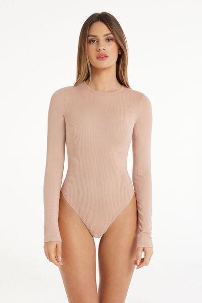 Beige Long-Sleeved Crew-Neck Ribbed Bodysuit, 5701_257W, large image number 0