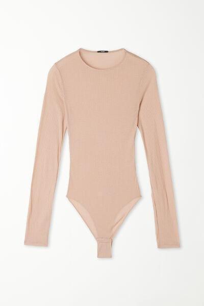 Beige Long-Sleeved Crew-Neck Ribbed Bodysuit, 5701_257W, large image number 4
