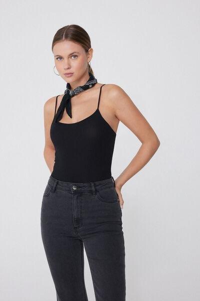 Black Spaghetti Strap Bodysuit, Black, medium