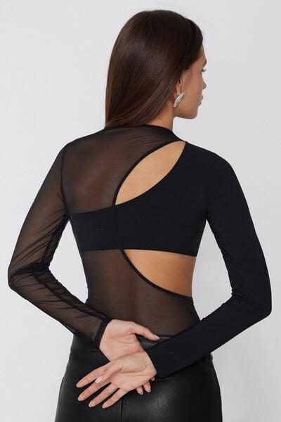 Black Essential Tulle Long Sleeve Bodysuit, Black, large image number 2