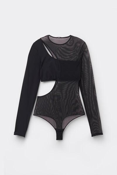 Black Essential Tulle Long Sleeve Bodysuit, Black, large image number 4