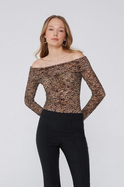 Brown Animal Print Long-Sleeved Lace Bodysuit, 5701_811Y, medium