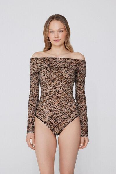Brown Animal Print Long-Sleeved Lace Bodysuit, 5701_811Y, medium