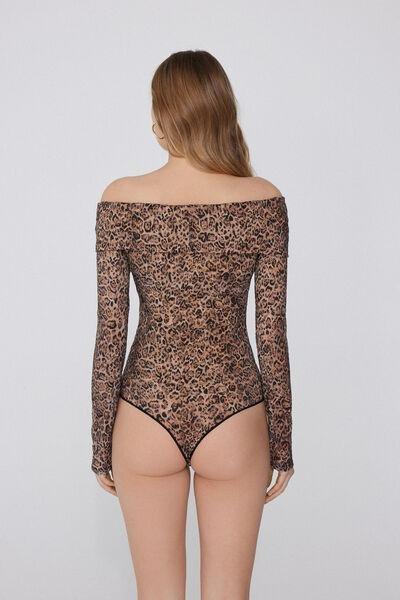 Brown Animal Print Long-Sleeved Lace Bodysuit, 5701_811Y, medium