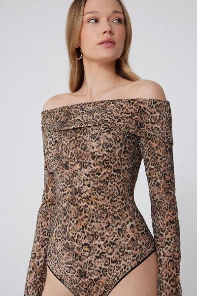 Brown Animal Print Long-Sleeved Lace Bodysuit, 5701_811Y, large image number 3
