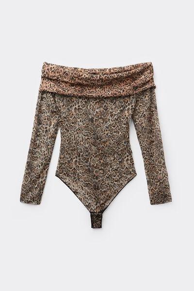 Brown Animal Print Long-Sleeved Lace Bodysuit, 5701_811Y, large image number 4