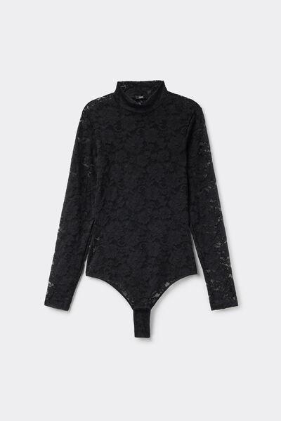 Black Romantic Fantasy Long Sleeve Lace Bodysuit, Black, large image number 3