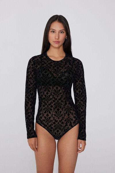 Black Velvet Noir Long Sleeve Bodysuit, Black, large image number 1