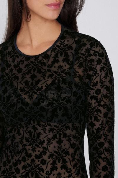 Black Velvet Noir Long Sleeve Bodysuit, Black, medium