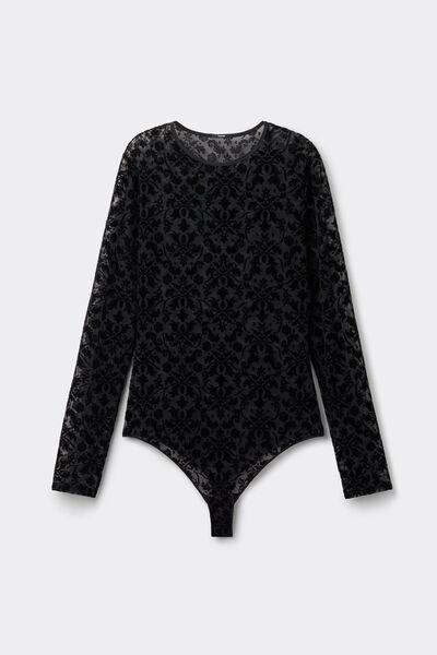 Black Velvet Noir Long Sleeve Bodysuit, Black, large image number 3
