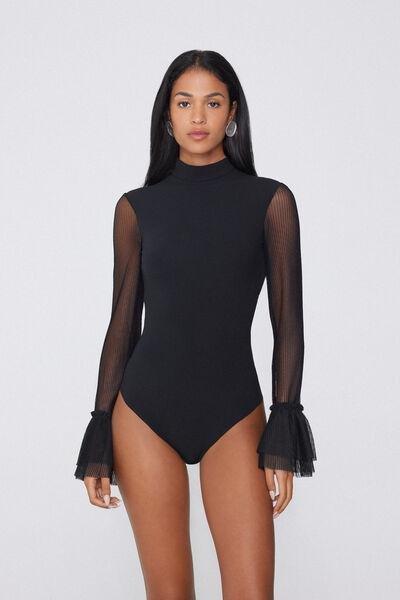 Black Pretty Plisse Long-Sleeved Bodysuit, Black, large image number 1