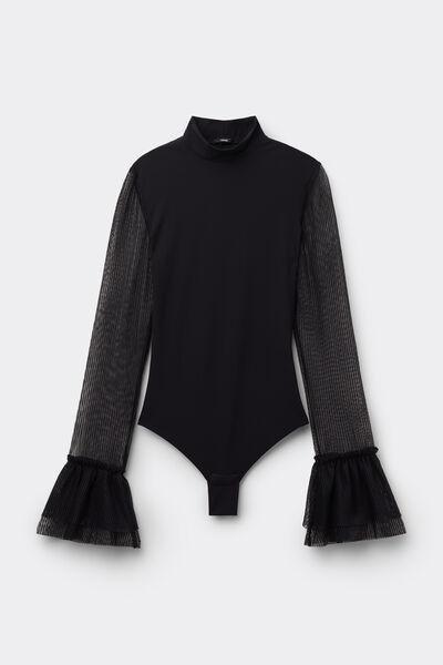 Black Pretty Plisse Long-Sleeved Bodysuit, Black, large image number 4