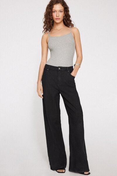 Grey Ribbed Narrow Shoulder Straps Cotton Bodysuit, Light Grey Blend, large image number 0