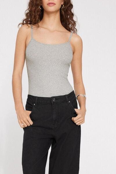 Grey Ribbed Narrow Shoulder Straps Cotton Bodysuit, Light Grey Blend, large image number 3
