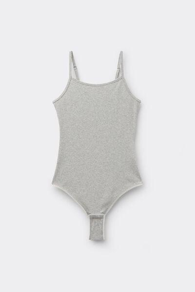 Grey Ribbed Narrow Shoulder Straps Cotton Bodysuit, Light Grey Blend, large image number 4