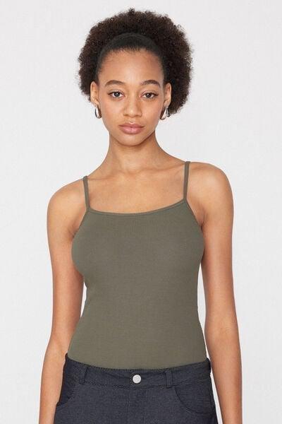 Green Narrow Shoulder Straps Cotton Bodysuit, 5701_229Z, large image number 1