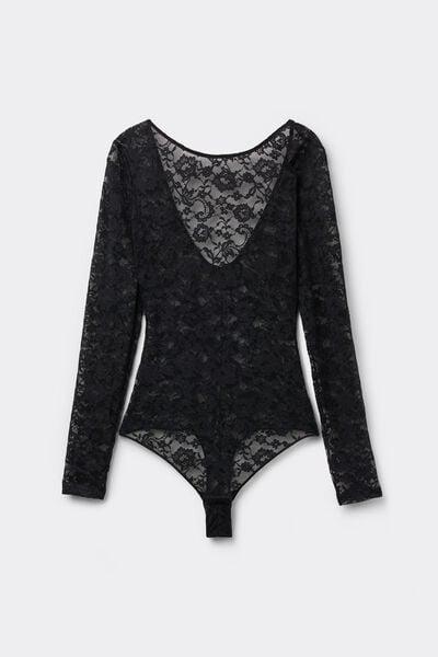 Black Sensual Desire Long Sleeve Lace Bodysuit, Black, large image number 0