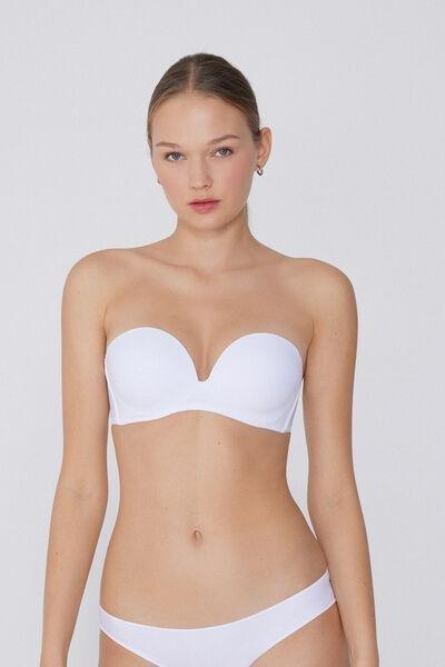 White Padded Low-Cut Bandeau Bra, White, medium